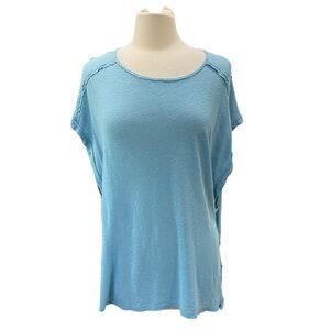 Free People Linen Blend Distressed Oversized Muscle T Shirt SZ S Blue